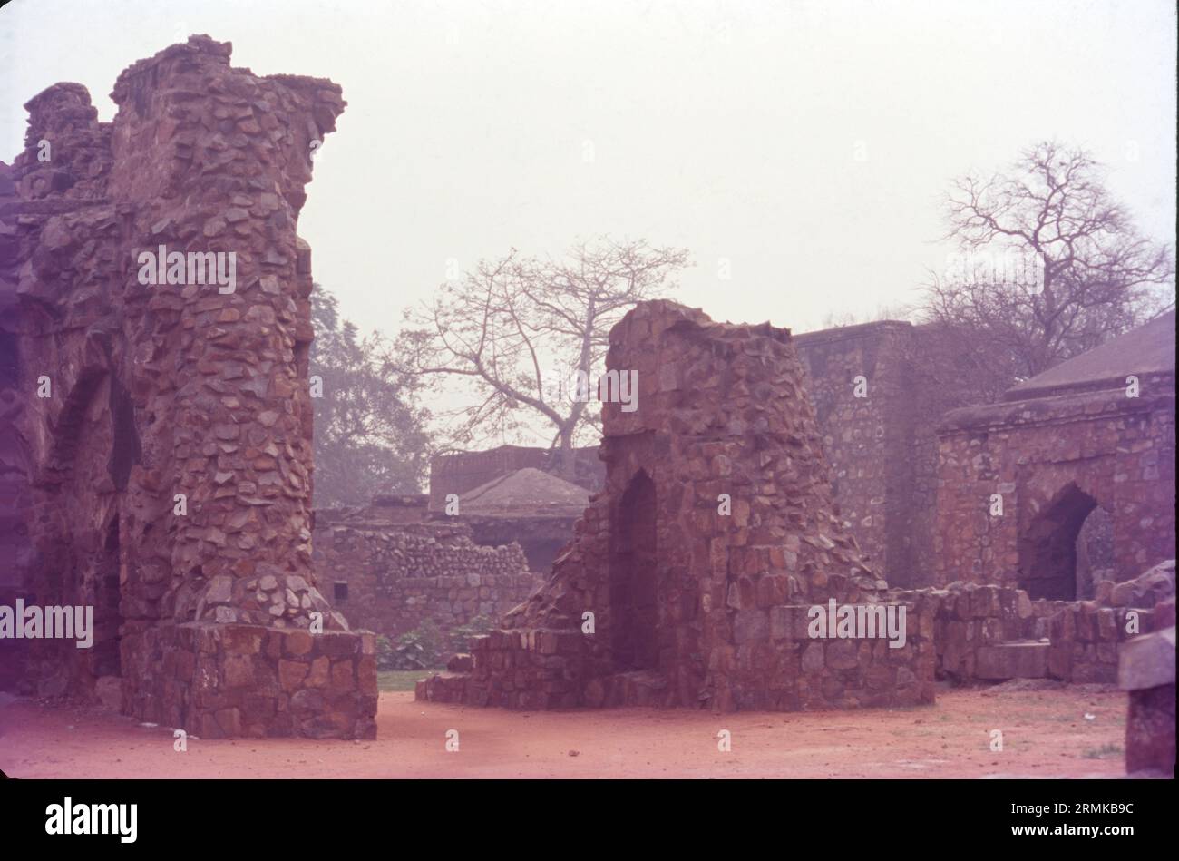 Una delle strutture più antiche di Delhi, il forte Feroz Shah Kotla fu costruito dal sultano Feroz Shah Tughlaq nel 1354. Questo e altri antichi lats (pilastri, obelisco) hanno guadagnato la fama di Firoz Shah Tughlaq e del Sultanato di Delhi per il suo patrocinio architettonico. Oltre al pilastro di Ashokan, il complesso del forte ospita anche la Jami Masjid (Moschea), un Baoli e un grande complesso giardino. Foto Stock