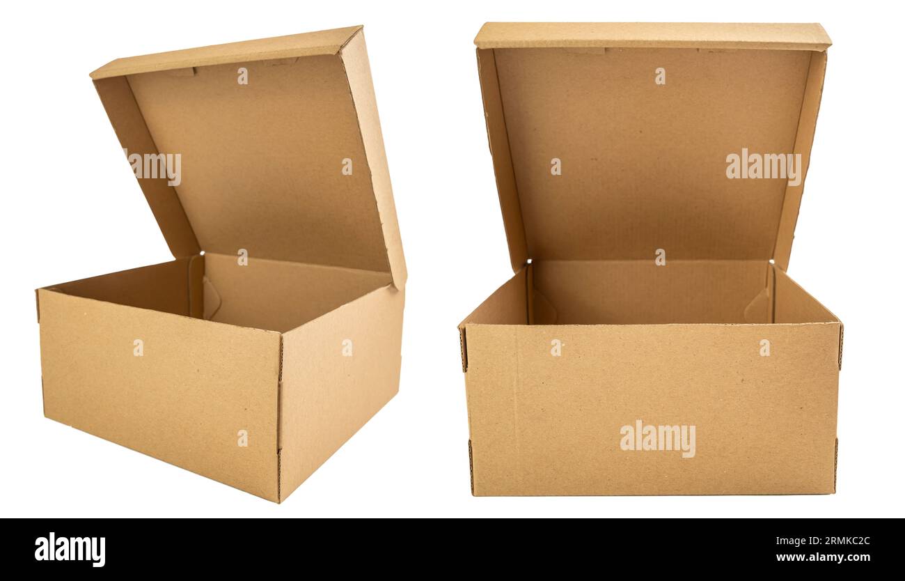 Scatola di cartone isolate su sfondo bianco Foto Stock