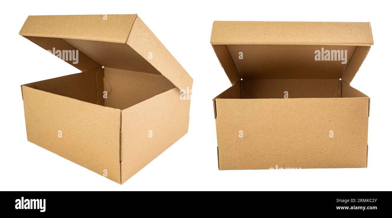 Scatola di cartone isolate su sfondo bianco Foto Stock