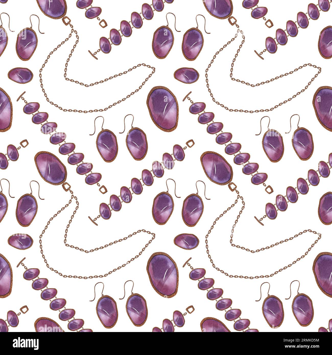 Gioielli da donna con pietre preziose e catene: orecchini, ciondoli, collane, bracciali. Illustrazione ad acquerello per tessuto, carta da parati e involucro Foto Stock