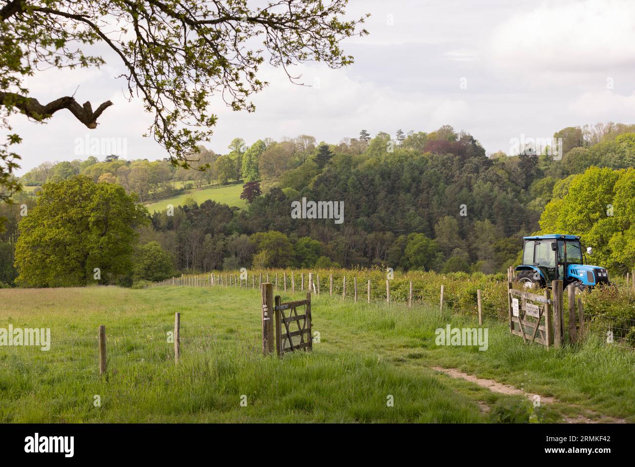 Vista su un campo con un trattore a Boughton Malherbe Kent Foto Stock