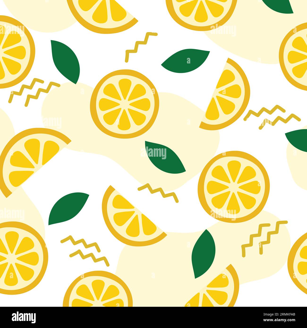 Motivo senza cuciture Lemon Slice. Colorato motivo estivo. Fondo di limone fresco con foglie verdi. Illustrazione Vettoriale