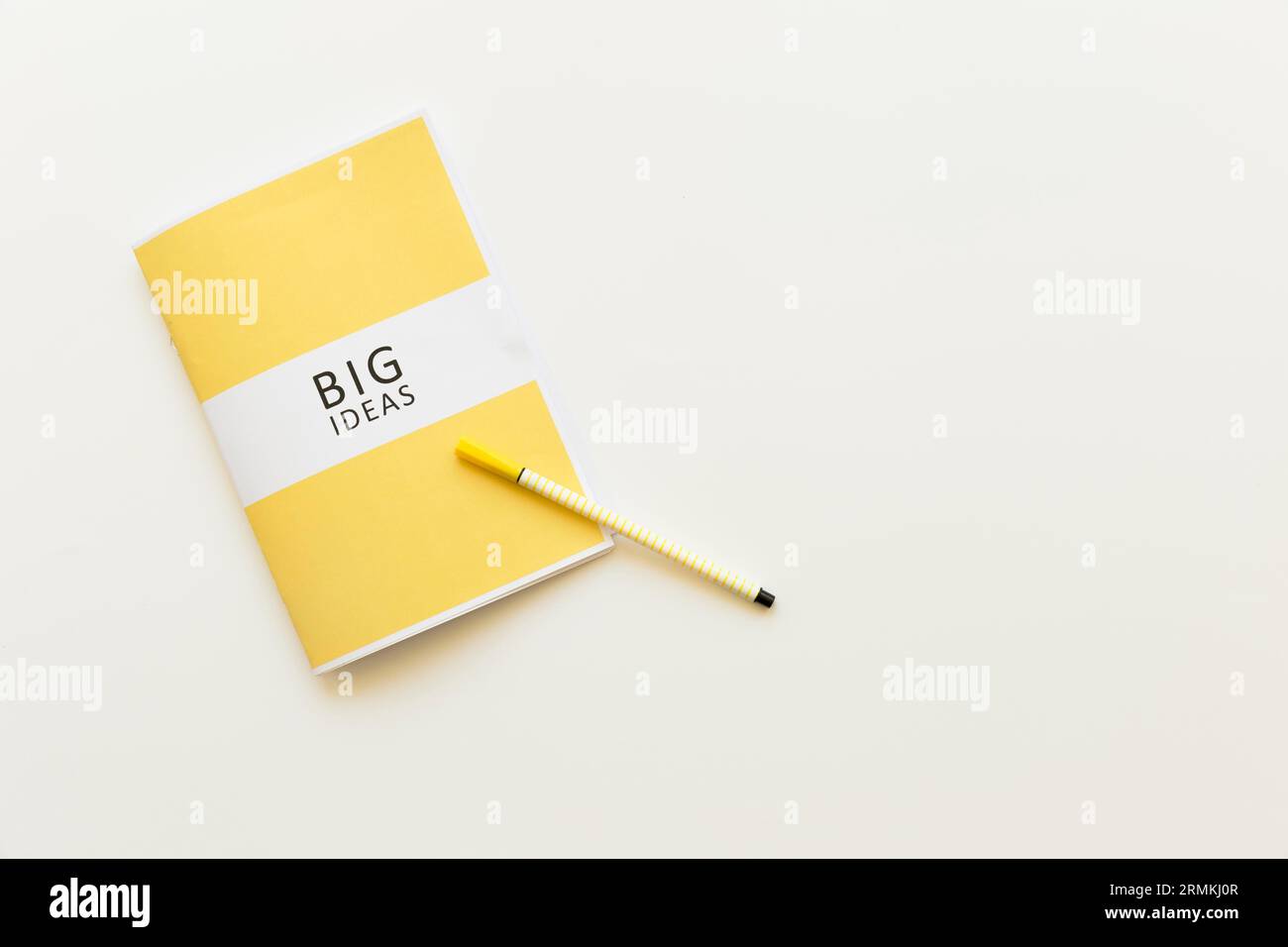 Visualizzazione ad angolo elevato grande diario delle idee con sfondo bianco penna Foto Stock