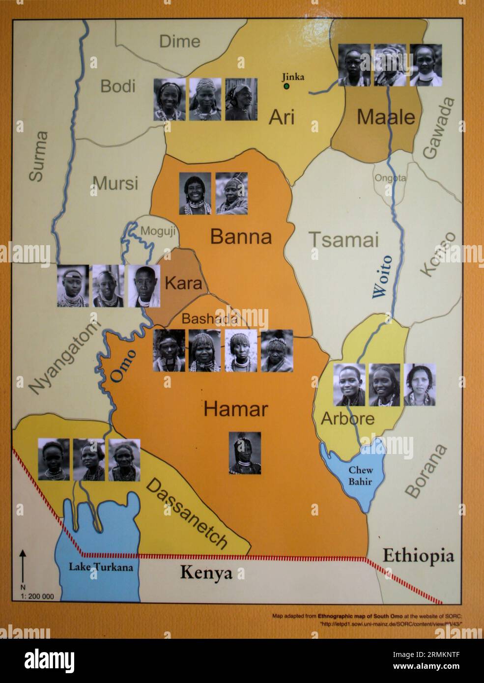 Mappa antropologica della distribuzione geografica delle varie tribù di Etiopia Omo Vally regione Foto Stock