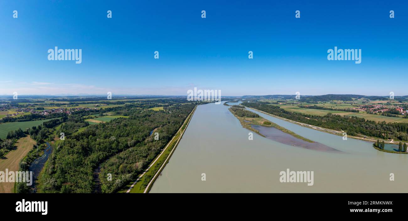 Immagine drone, centrale elettrica Inn ering Frauenstein con paesaggio naturale Lower Inn European Reserve, Inn, Innviertel, alta Austria, Austria, Germania Foto Stock
