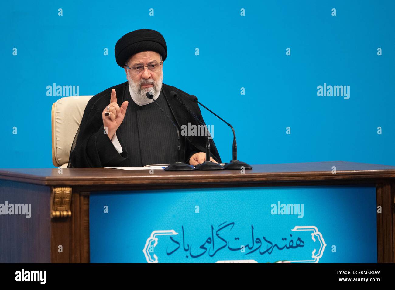 Teheran, Teheran, Iran. 29 agosto 2023. Il presidente iraniano Ebrahim Raisi parla durante una conferenza stampa a Teheran, Iran, martedì 29 agosto 2023. (Immagine di credito: © Sobhan Farajvan/Pacific Press via ZUMA Press Wire) SOLO USO EDITORIALE! Non per USO commerciale! Foto Stock