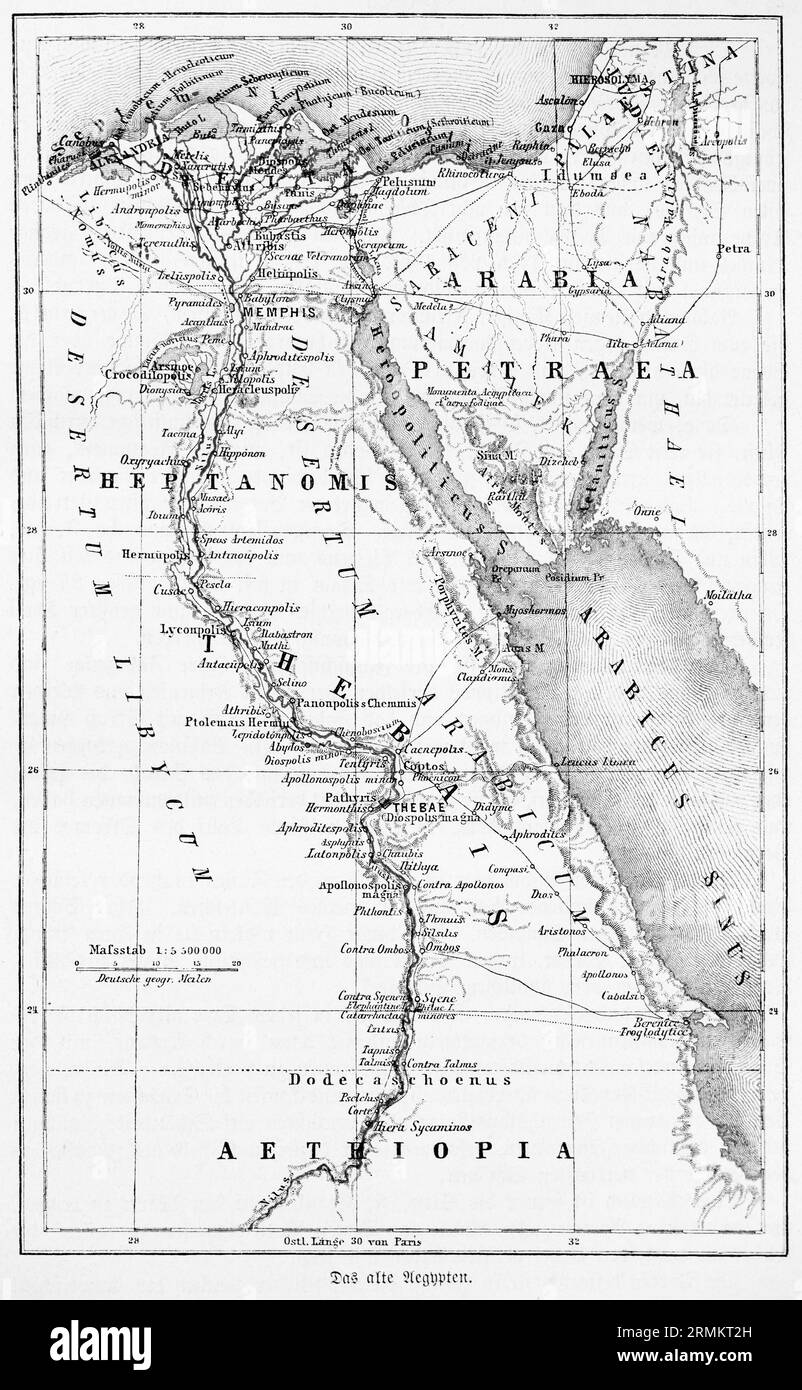 1:500.000, Antico Egitto, mappa storica, Egitto, Nilo, estuario del Delta, Arabicus Sinus, Mar Rosso, scala, Tebe, Thebes, Penisola del Sinai, Memphis, Hebron Foto Stock
