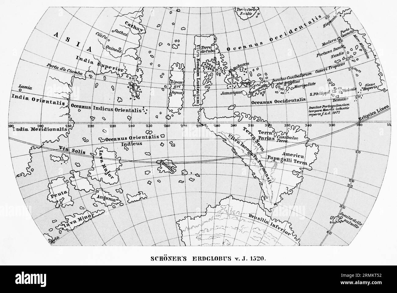Il globo terrestre di Schoener dalla mappa storica del 1520, inizio XVI secolo, mondo conosciuto, Asia, Giappone, India, Oceanus (orientalis), Atlantic Foto Stock
