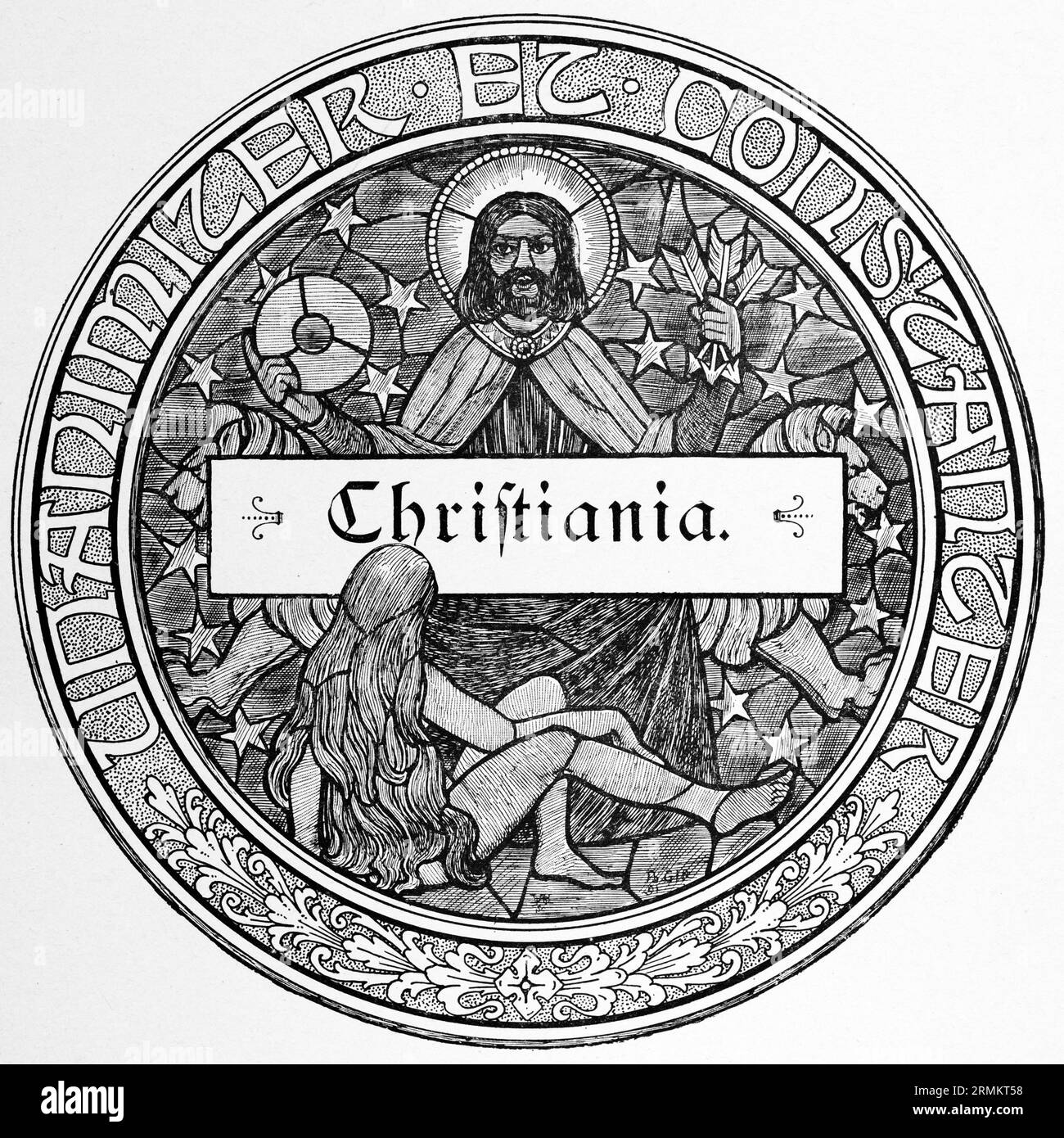 Oslo ex Christiania, capitale della Norvegia, emblema rotondo, santa, donna, cielo, stelle, iscrizione, illustrazione storica c. 1898 Foto Stock