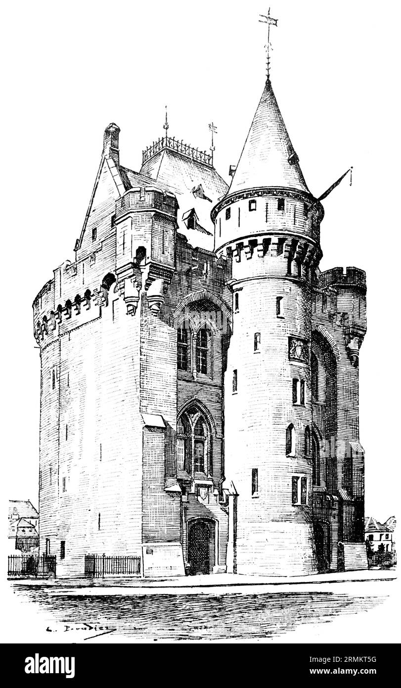 Saint-Gilles o Sint-Gillis, regione di Bruxelles, porte de Hal o Hallepoort, edificio, torre rotonda, torri angolari, tetto, portale, finestra, architettura Foto Stock