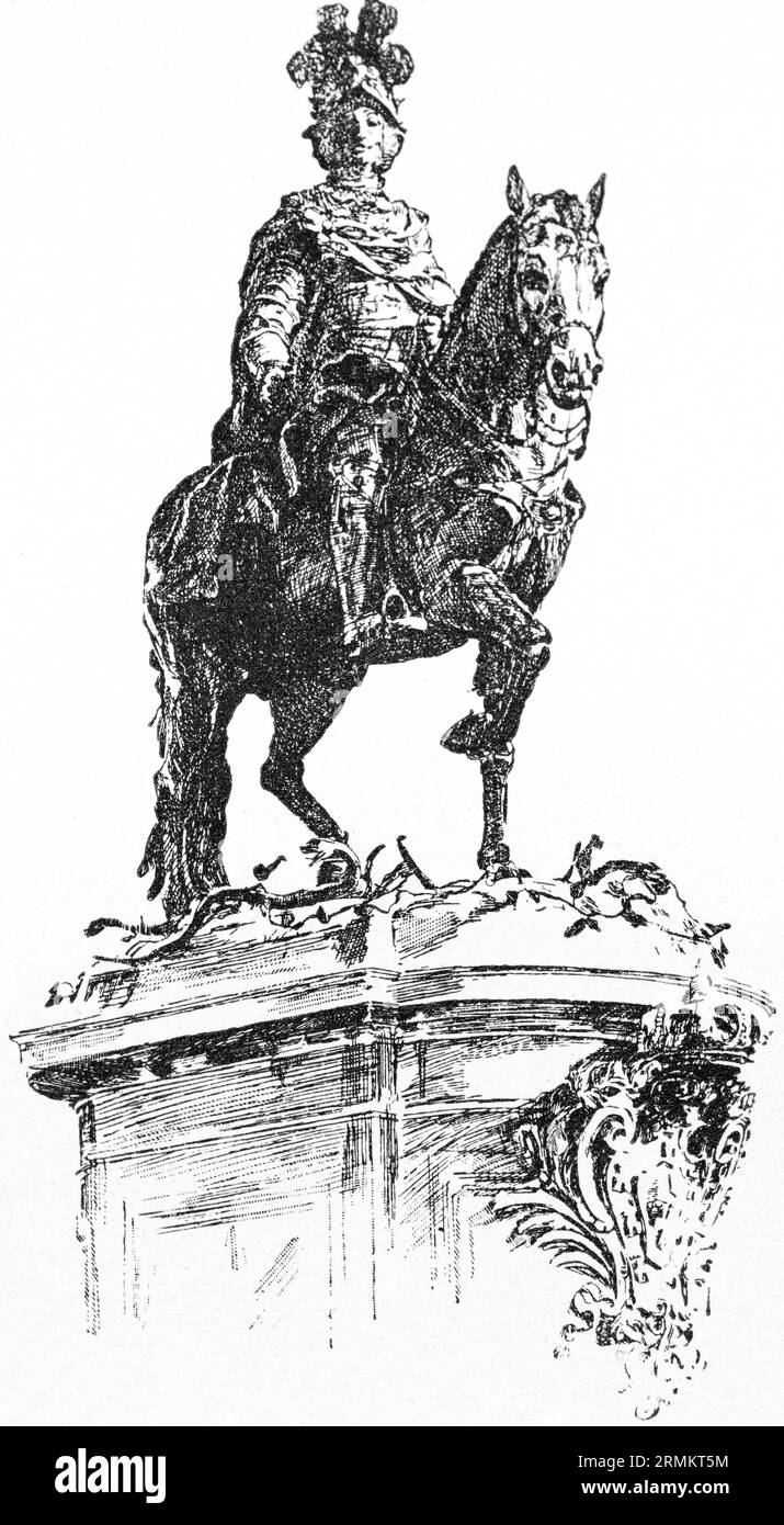 Statua di Dom Jose i, Lisbona, Portogallo, cavallo, armatura, illustrazione storica c. 1898 Foto Stock
