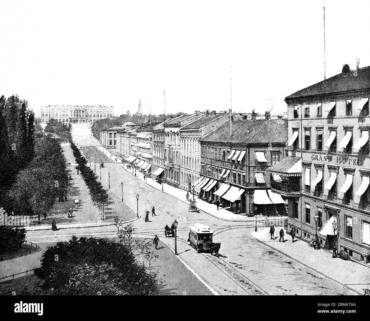 Oslo ex Christiania, capitale della Norvegia, Karl Johann Street, Karl Johans Gata, palazzo reale del XIX secolo, negozi, negozi, Grand Hotel, piste Foto Stock