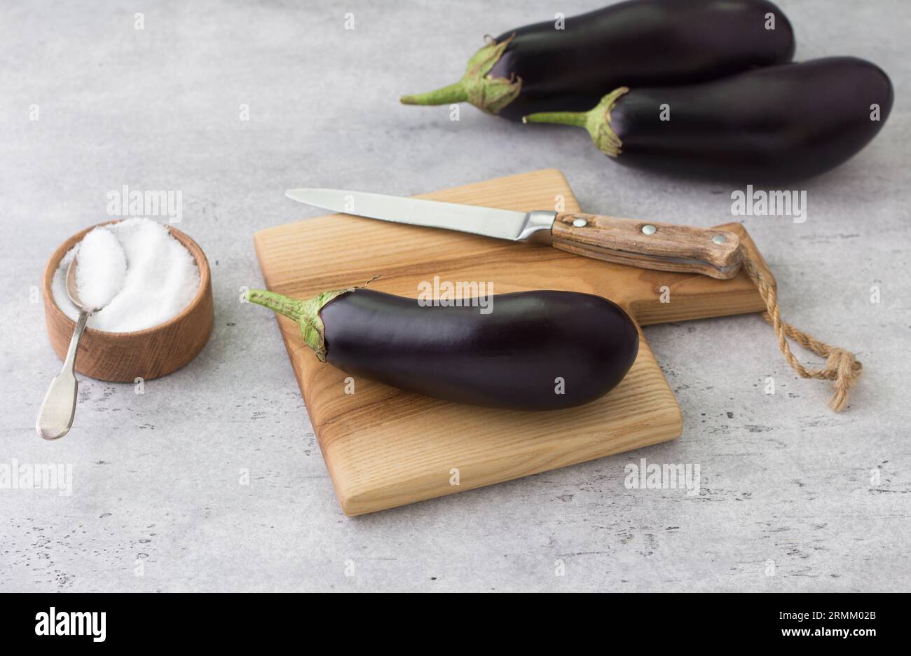 Melanzana fresca su un asse di legno, una ciotola di sale e un coltello su uno sfondo grigio ruvido. Cucinare deliziosi piatti vegani. Foto Stock