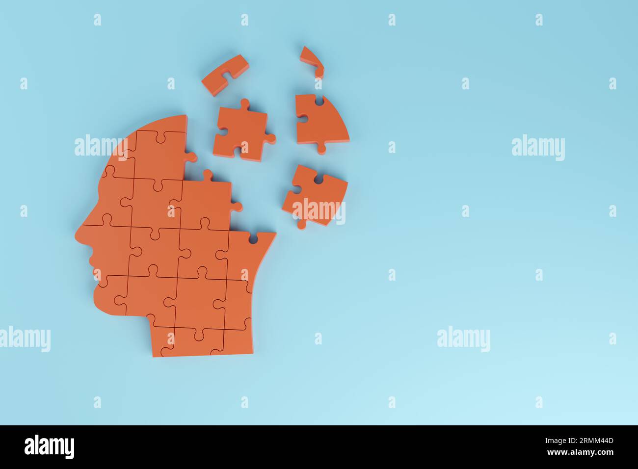 Puzzle a forma di testa non assemblato. Alzheimer, demenza e concetto di salute mentale. illustrazione 3d. Foto Stock