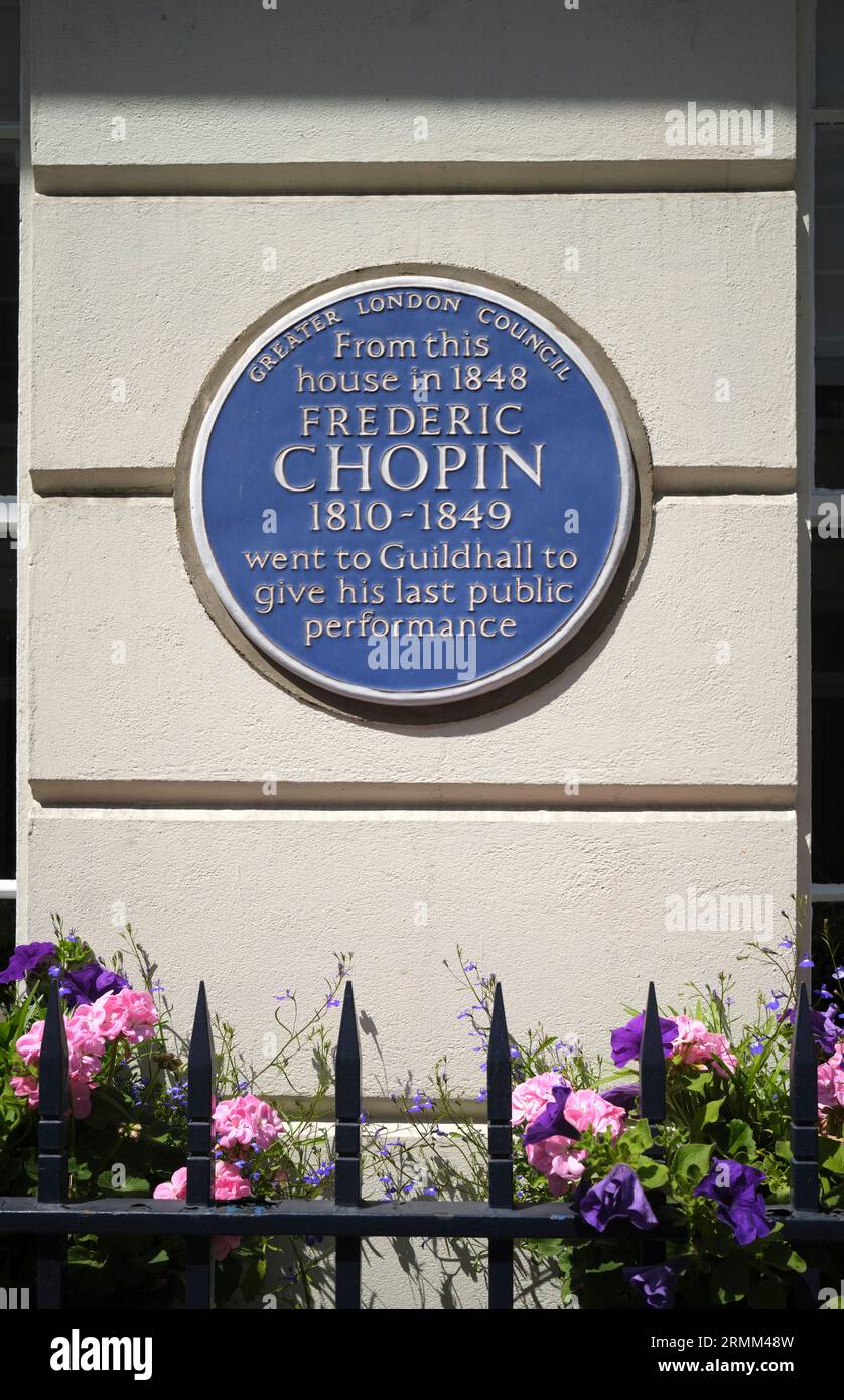 Targa blu Frederic Chopin su una proprietà St James's Place Mayfair Londra Inghilterra Foto Stock