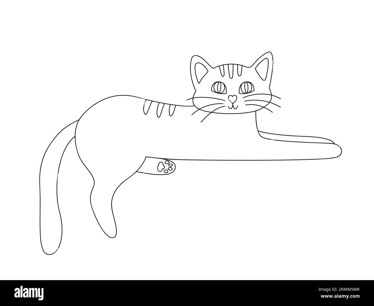 Gatto sdraiato disegnato a mano con gli occhi chiusi. Animali domestici in stile doodle. Illustrazione vettoriale in bianco e nero isolata su sfondo bianco Illustrazione Vettoriale