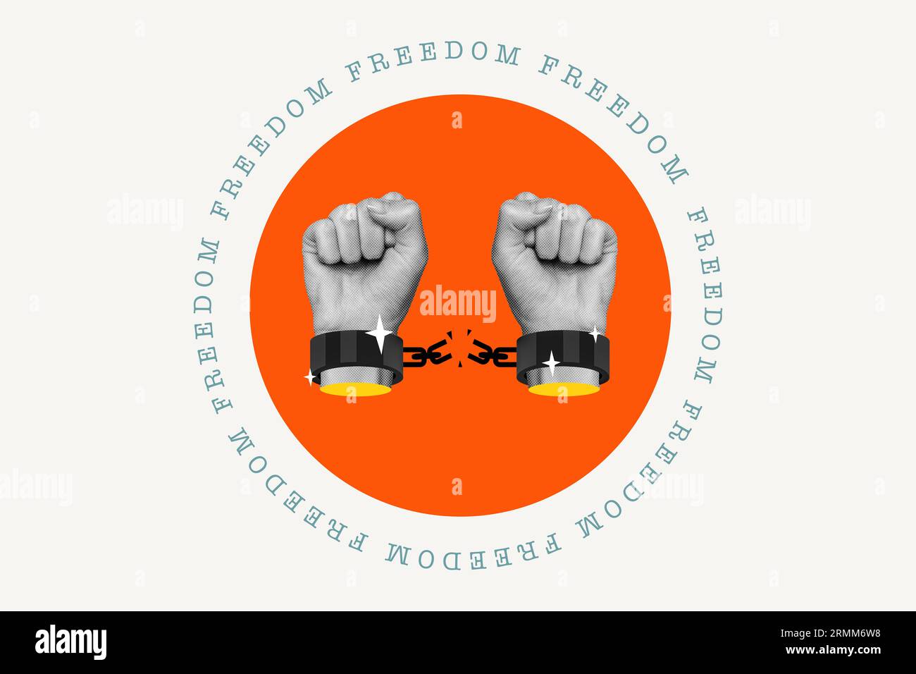 Il concetto di libertà collage due mani in catene i diritti umani infrangono le regole razzismo illegale discriminazione schiavitù isolato su sfondo bianco Foto Stock