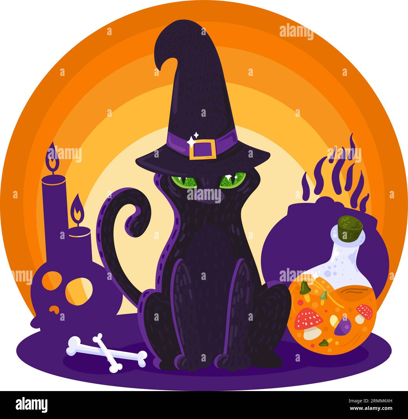 Il gatto nero di Halloween con occhi gialli accesi nel cappello magro si siede sullo sfondo del fuoco del camino. Oggetti arcani per stregoneria e rituali. Cartoo Illustrazione Vettoriale