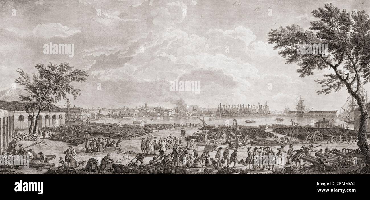 Il porto di Tolone, Francia, a metà del XVIII secolo, mostra l'Arsenale di Tolone. Dopo il dipinto di Claude Joseph Vernet. Foto Stock