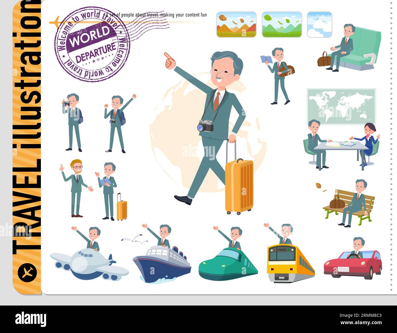 Una serie di uomini d'affari in viaggio.è un'arte vettoriale facile da modificare. Illustrazione Vettoriale