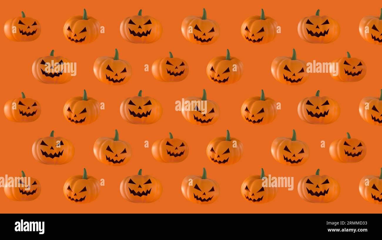 Halloween Jack o lanterna modello zucca su sfondo arancione. rendering 3d. Foto Stock