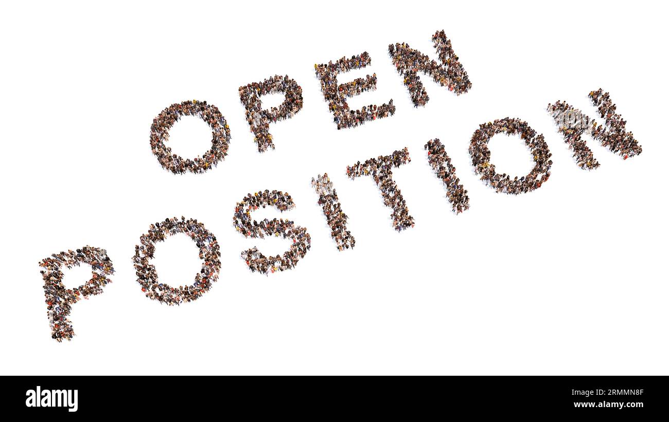 Grande comunità concettuale di persone che formano il messaggio DI POSIZIONE APERTA. 3d metafora illustrativa per posti vacanti, reclutamento, opportunità, sfida Foto Stock