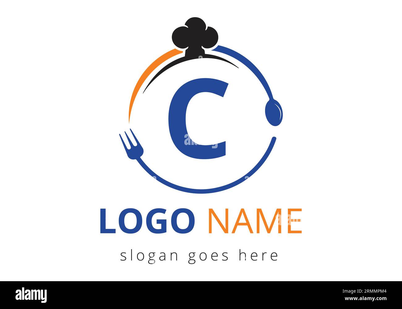 Logo Letter C con cappello da chef, cucchiaio e forchetta per il logo del ristorante. Moderno logo vettoriale per caffè, ristoranti, aziende di cucina e identità aziendale Illustrazione Vettoriale