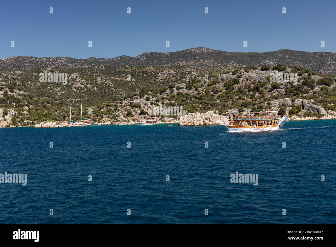 Tour in barca di caicchi Kekova nella baia di Kekova, regione di Kekova, Turchia Foto Stock