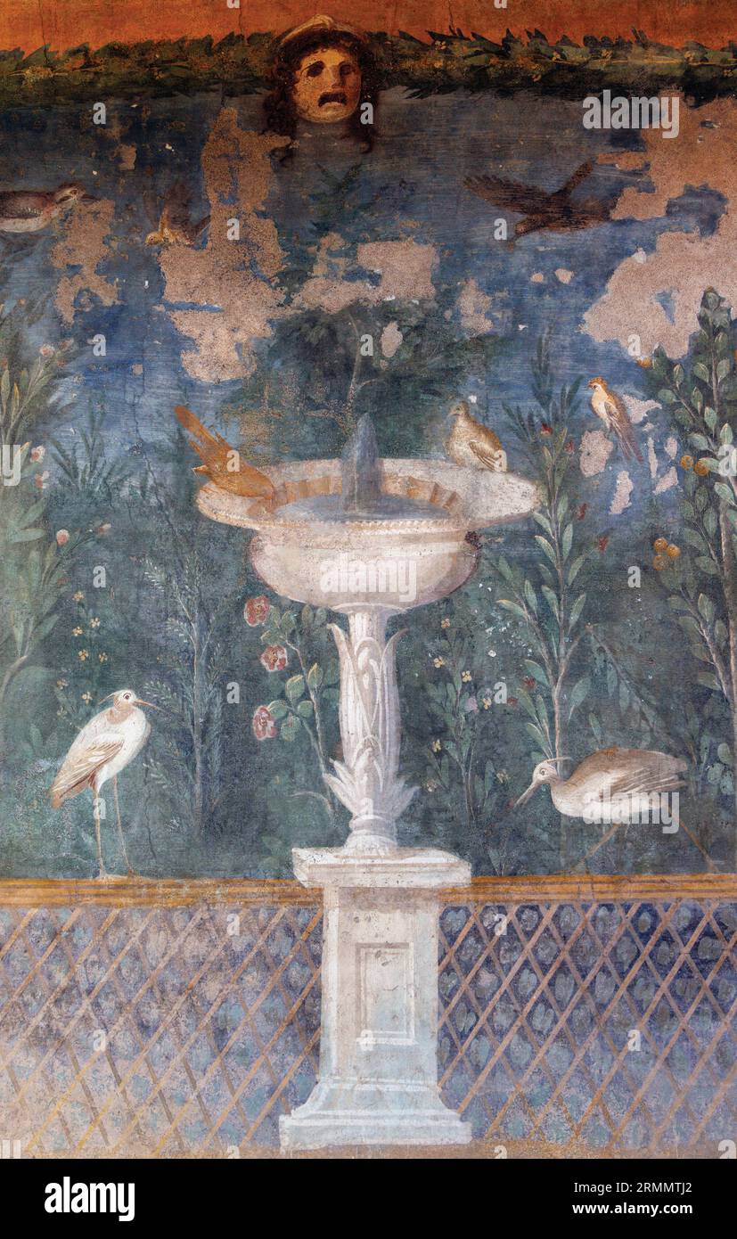 Sito archeologico di Pompei, Campania, Italia. Affresco di uccelli che bevono presso la fontana del giardino della Casa di Venere in un conchiglia. Casa della Venere in conc Foto Stock