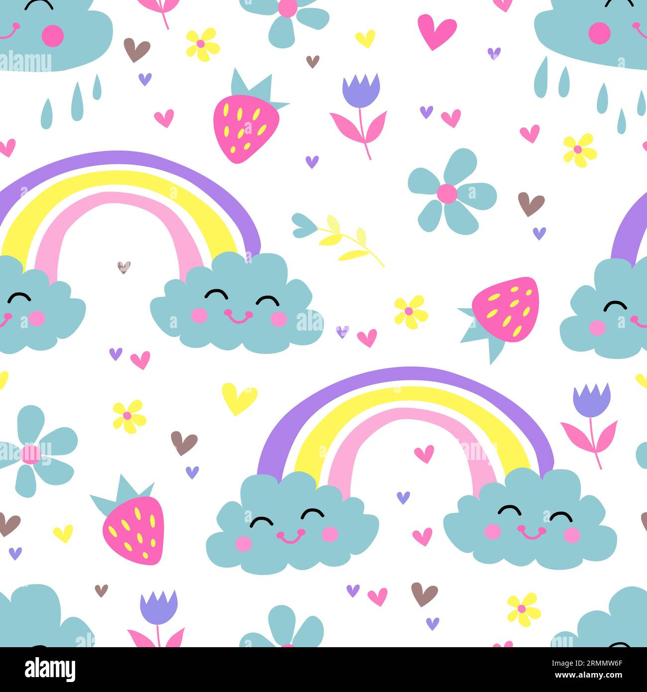 Grazioso motivo arcobaleno senza cuciture. Arcobaleno vettoriale disegnato a mano in cartone animato stile piatto per bambini che avvolgono carta, tessuto, carta da parati, stampe, tessuto. Illustrazione Vettoriale