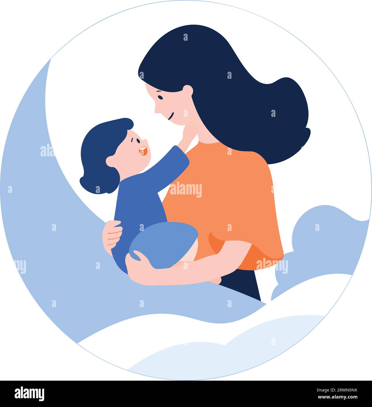 Mamma disegnata a mano che abbraccia il suo bambino felicemente in stile piatto isolata sullo sfondo Illustrazione Vettoriale