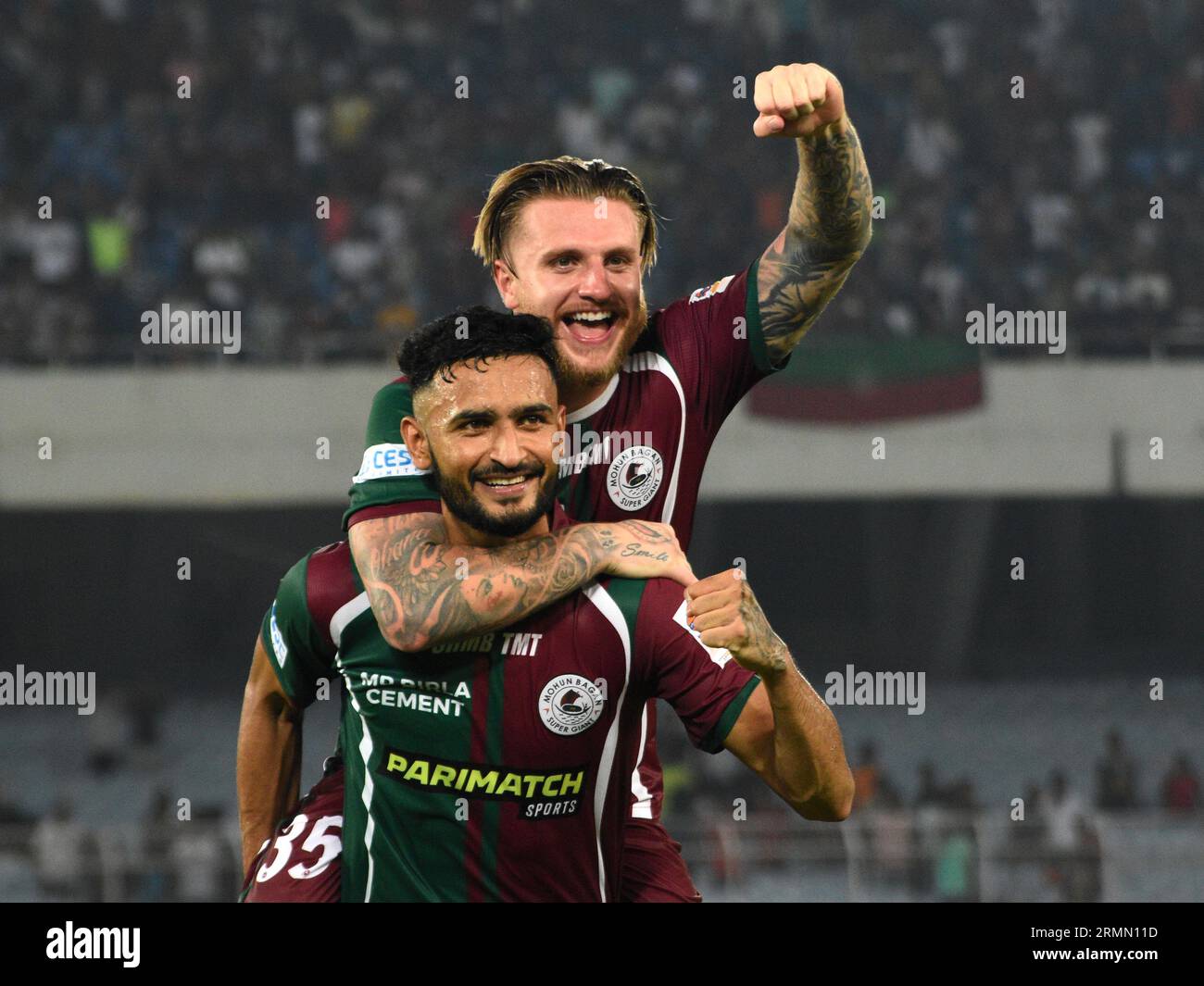 Kolkata, India. 28 agosto 2023. Mohun Bagan Super Giant si è assicurato il suo posto nella 132a Durand Cup semis, battendo il Mumbai CityFc per 3-1 al Salt Lake Stadium (Vivekananda Yubavarati Krirangan(VYBK)) a Calcutta, India, il 28 agosto 2023. In semifinale affronteranno il FC Goa, che batte il Chennai CityFc nei quarti di finale. (Foto di Sayantan Chakraborty/Pacific Press/Sipa USA) credito: SIPA USA/Alamy Live News Foto Stock