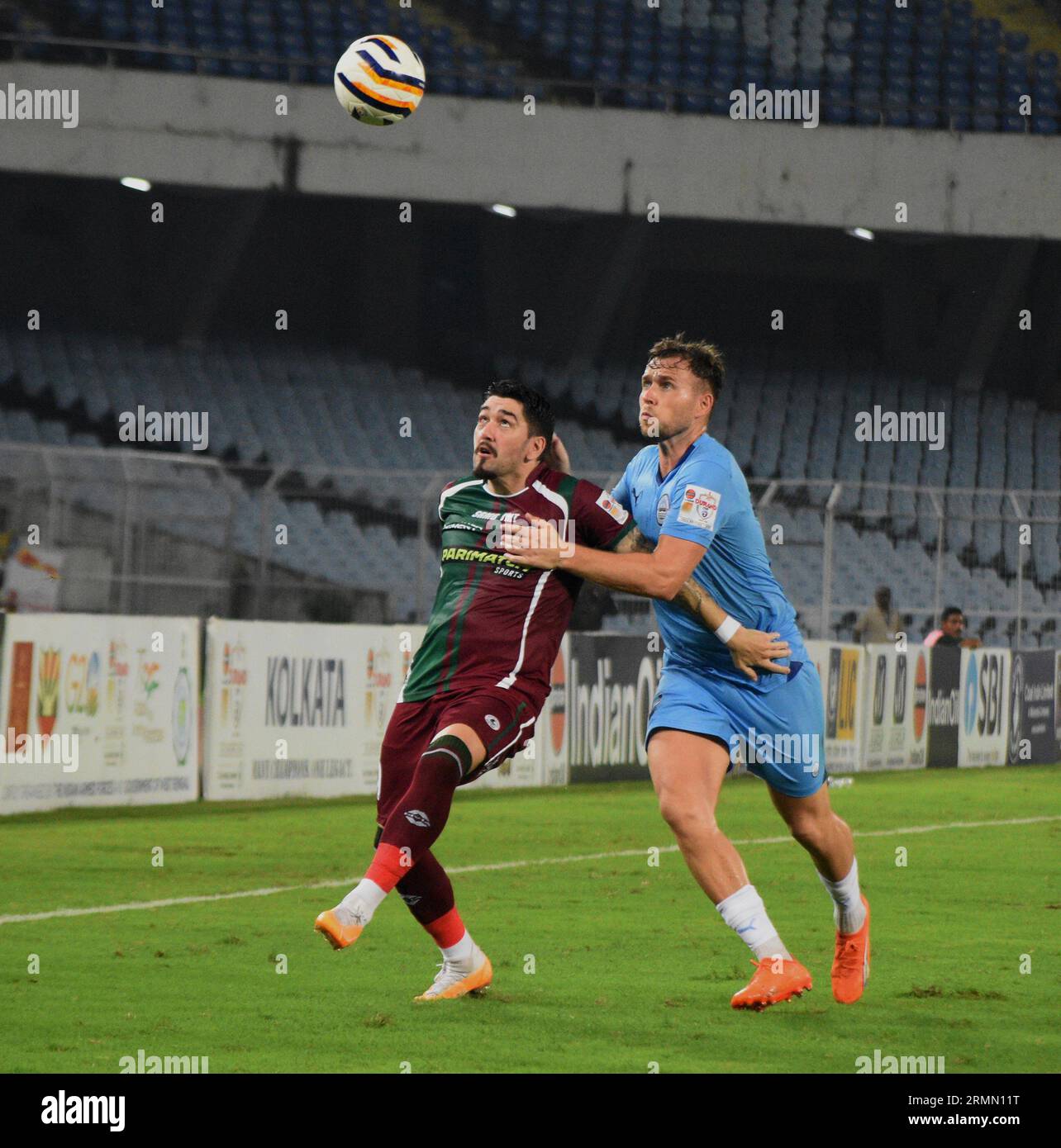 Kolkata, India. 28 agosto 2023. Mohun Bagan Super Giant si è assicurato il suo posto nella 132a Durand Cup semis, battendo il Mumbai CityFc per 3-1 al Salt Lake Stadium (Vivekananda Yubavarati Krirangan(VYBK)) a Calcutta, India, il 28 agosto 2023. In semifinale affronteranno il FC Goa, che batte il Chennai CityFc nei quarti di finale. (Foto di Sayantan Chakraborty/Pacific Press/Sipa USA) credito: SIPA USA/Alamy Live News Foto Stock