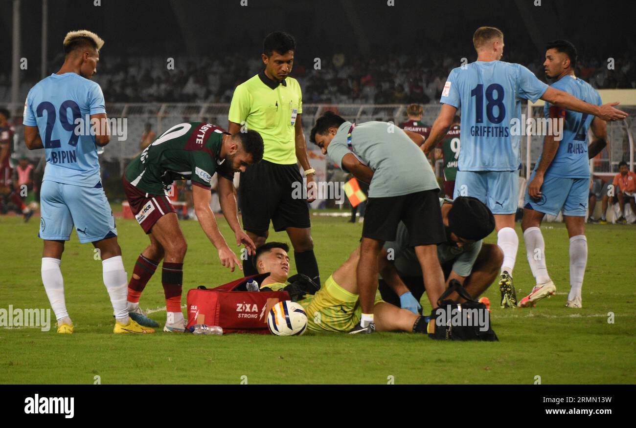 Kolkata, India. 28 agosto 2023. Mohun Bagan Super Giant si è assicurato il suo posto nella 132a Durand Cup semis, battendo il Mumbai CityFc per 3-1 al Salt Lake Stadium (Vivekananda Yubavarati Krirangan(VYBK)) a Calcutta, India, il 28 agosto 2023. In semifinale affronteranno il FC Goa, che batte il Chennai CityFc nei quarti di finale. (Foto di Sayantan Chakraborty/Pacific Press/Sipa USA) credito: SIPA USA/Alamy Live News Foto Stock