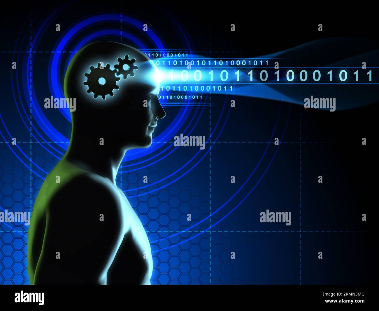 Il processo di pensiero diventa un flusso di dati digitale. Illustrazione 3D. Foto Stock