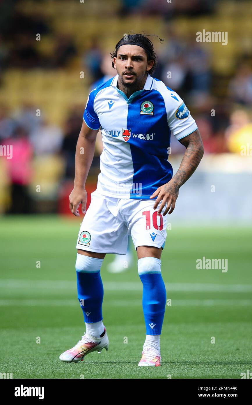 WATFORD, Regno Unito - 27 agosto 2023: Tyrhys Dolan dei Blackburn Rovers durante il match per il titolo Sky Bet tra Watford e Blackburn Rovers a Vicarage Foto Stock