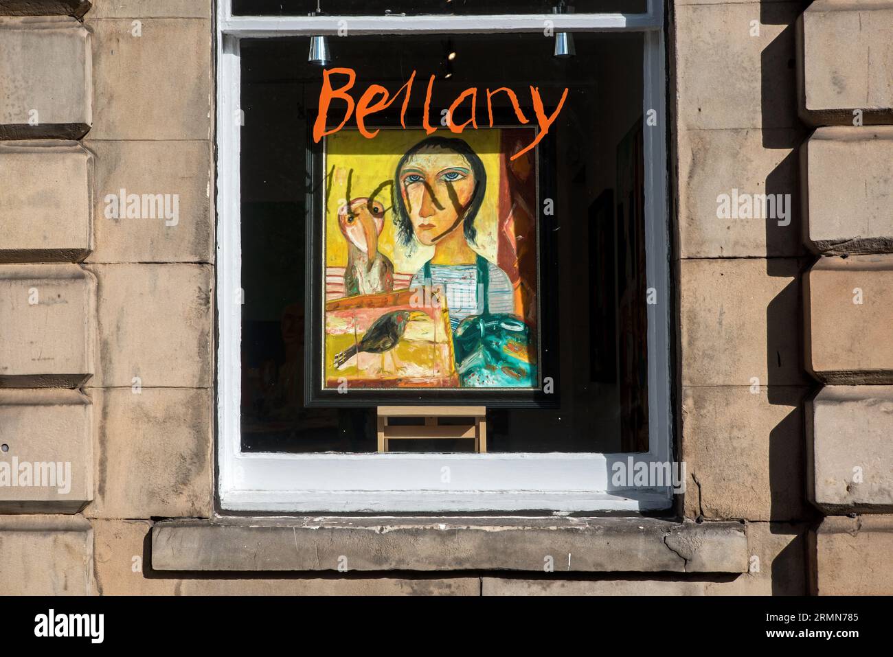 Dipinto di John Bellany esposto nella finestra della Open Eye Gallery ad Abercromby Place, Edimburgo, Scozia, Regno Unito. Foto Stock