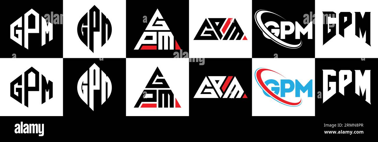 Logo GPM Letter in sei stili. Stile GPM poligonale, cerchio, triangolo, esagonale, piatto e semplice con logo lettera di variazione di colore bianco e nero Illustrazione Vettoriale