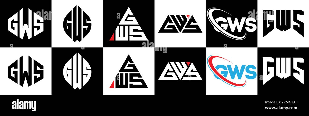 Logo GWS Letter in sei stili. Poligono, cerchio, triangolo, esagonale, stile semplice e piatto GWS con logo lettera di variazione di colore bianco e nero Illustrazione Vettoriale