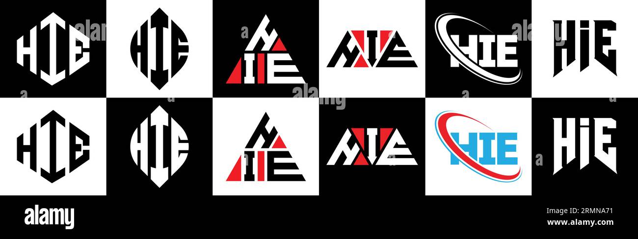 Logo HIE Letter in sei stili. Poligono HIE, cerchio, triangolo, esagonale, stile semplice e piatto con logo lettera di variazione di colore bianco e nero Illustrazione Vettoriale