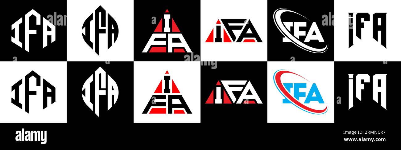 Logo IFA Letter in sei stili. Poligono IFA, cerchio, triangolo, esagonale, stile semplice e piatto con logo lettera di variazione colore bianco e nero Illustrazione Vettoriale
