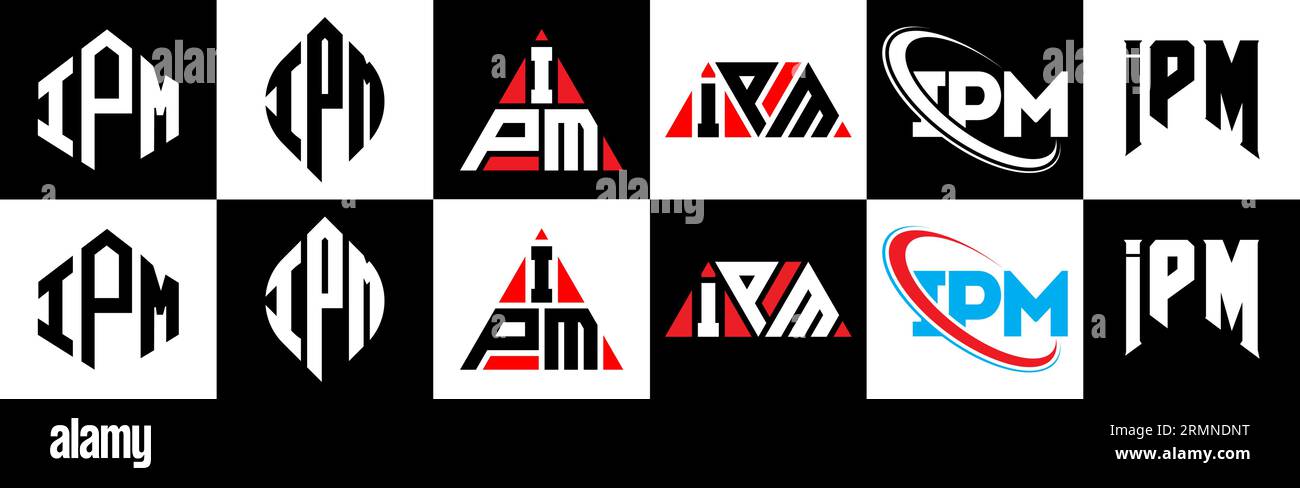 Design con logo IPM Letter in sei stili. Poligono IPM, cerchio, triangolo, esagonale, piatto e semplice con logo lettera di variazione colore bianco e nero Illustrazione Vettoriale