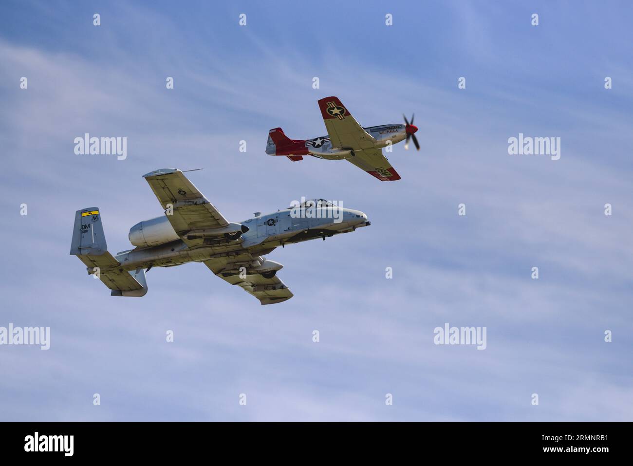 A-10 Thunderbolt II e P-51 Mustang in formazione sopra Boundary Bay Canada Foto Stock