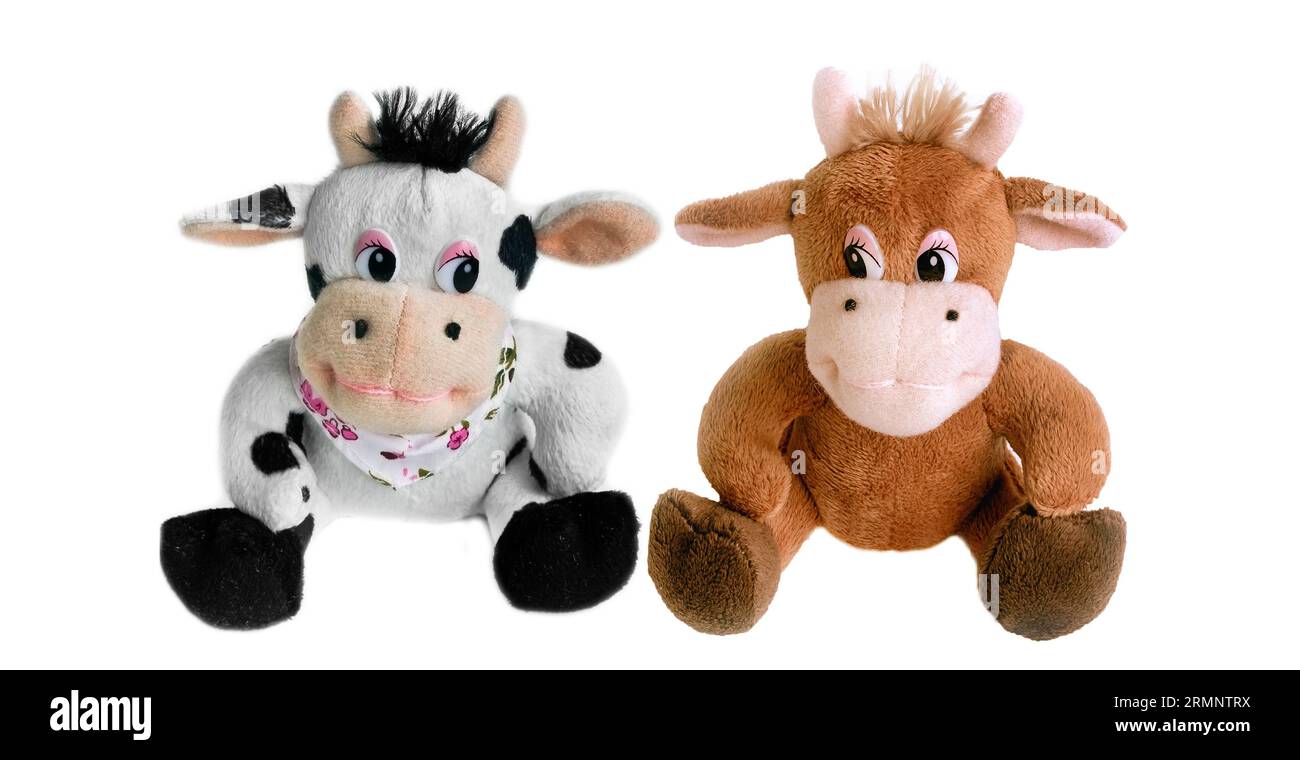 le mucche peluche si accoppiano sul bianco Foto Stock
