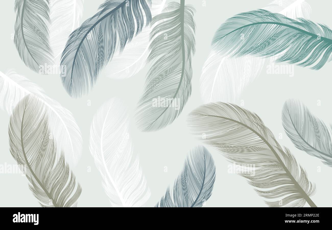 immagine 3d di piume colorate su sfondo di marmo blu per la stampa digitale di sfondo, carta da parati dal design personalizzato Foto Stock