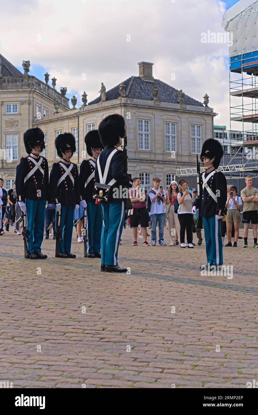 Unità delle Royal Life Guards in piedi all'attenzione e solleva la guardia in partenza dal posto. Cambio della guardia al Palazzo di Amalienborg a Copenh Foto Stock