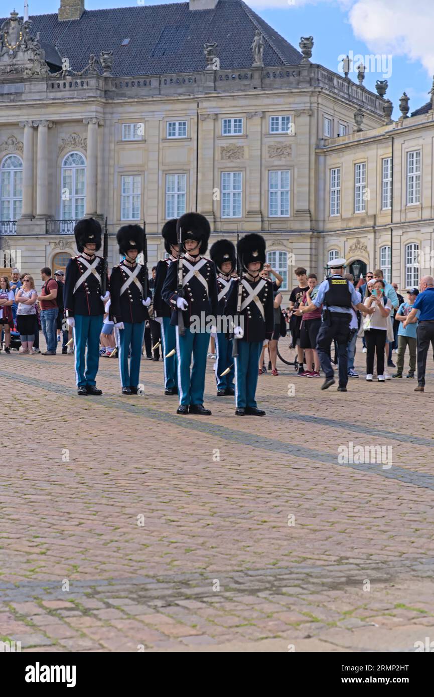 L'unità delle Royal Life Guards resta ferma all'attenzione e solleva la guardia uscente al posto. Cambio della guardia nel palazzo di Amalienborg in Danimarca Foto Stock