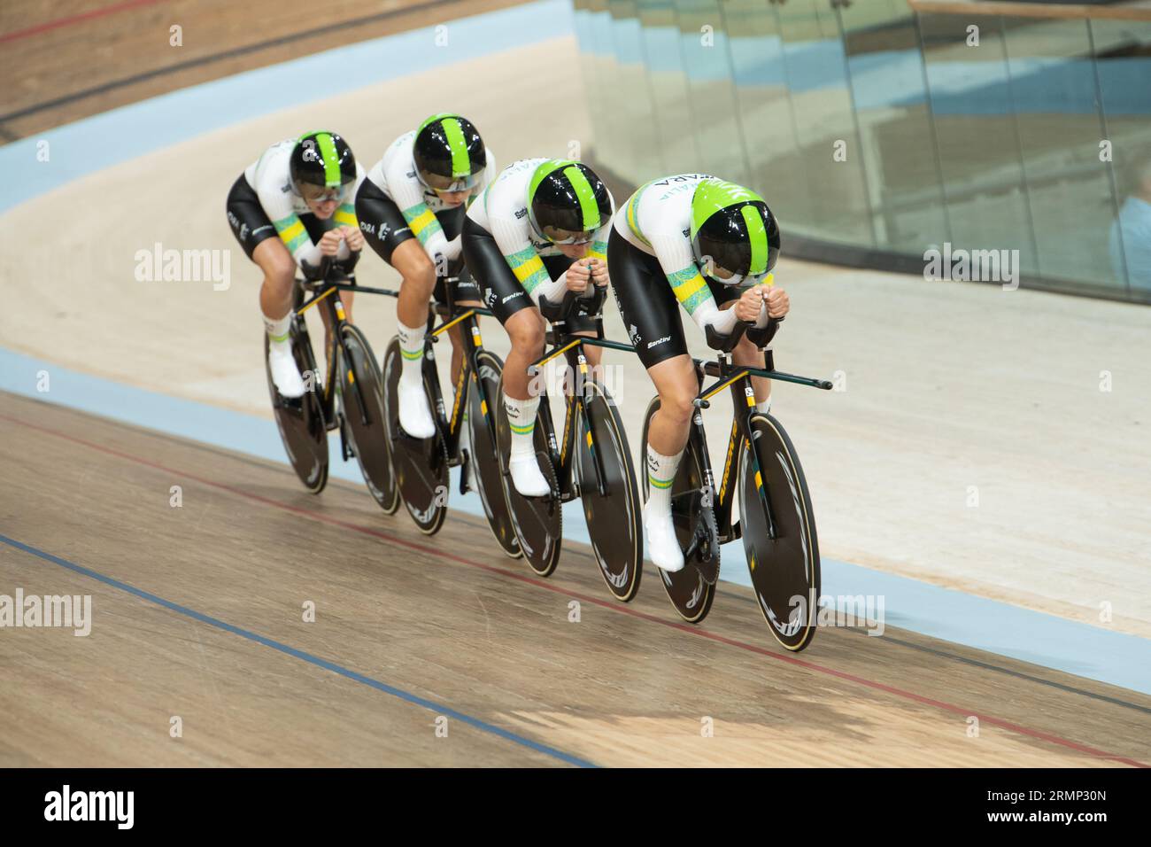 Squadra australiana di inseguimento femminile durante le qualifiche, UCI Track Cycling World Championships, 4 agosto 2023 Foto Stock