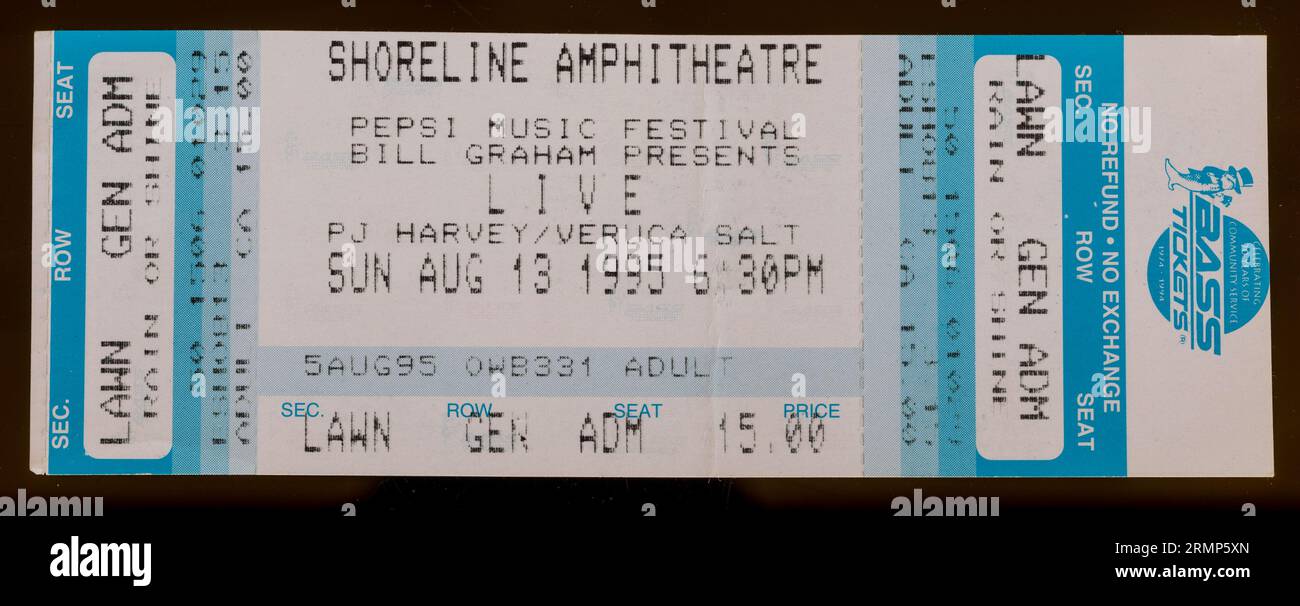 Mountain View, California - 13 agosto 1995 - Old Used Ticket Stub per Live at Shoreline Amphitheater Foto Stock
