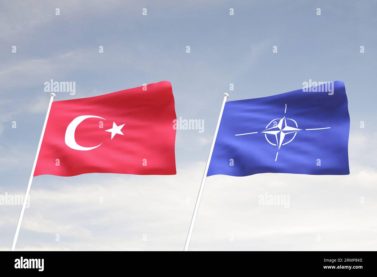 Bandiere della TURCHIA e della NATO con sfondo nuvoloso blu cielo, rendering 3D DI GUERRA Foto Stock